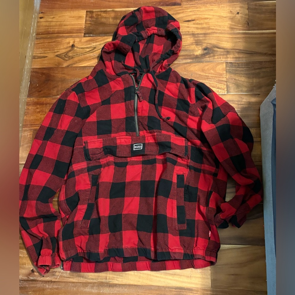 Levi’s Red Black‎ Buffalo Plaid Anorak Hoodie Half Zip Jacket Size M